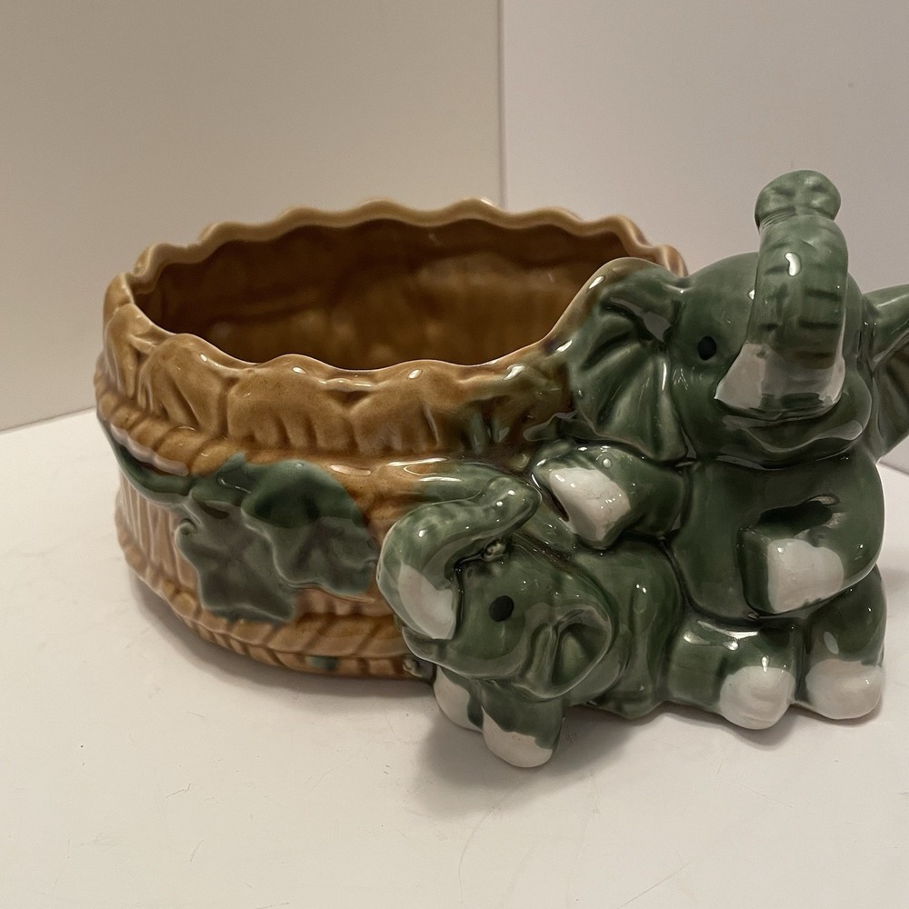 Vtg Majolica Style Elephant Planter Mother & Baby Bamboo Basket Ceramic Cachepot